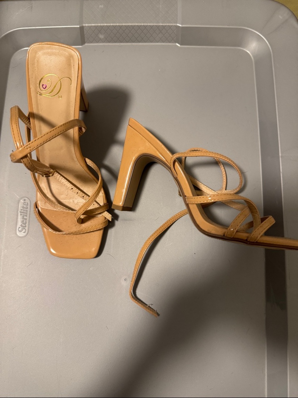 Delicious Strappy Square-Toe Heels in Camel Tan